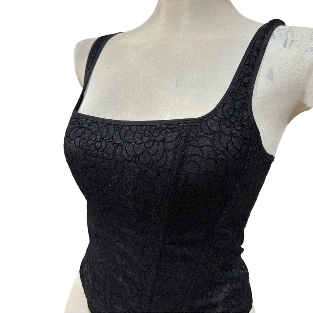 Black Mesh Tank Top Vogue Floral Print Sleeveless Boning Y2K Basic Crop Top M
